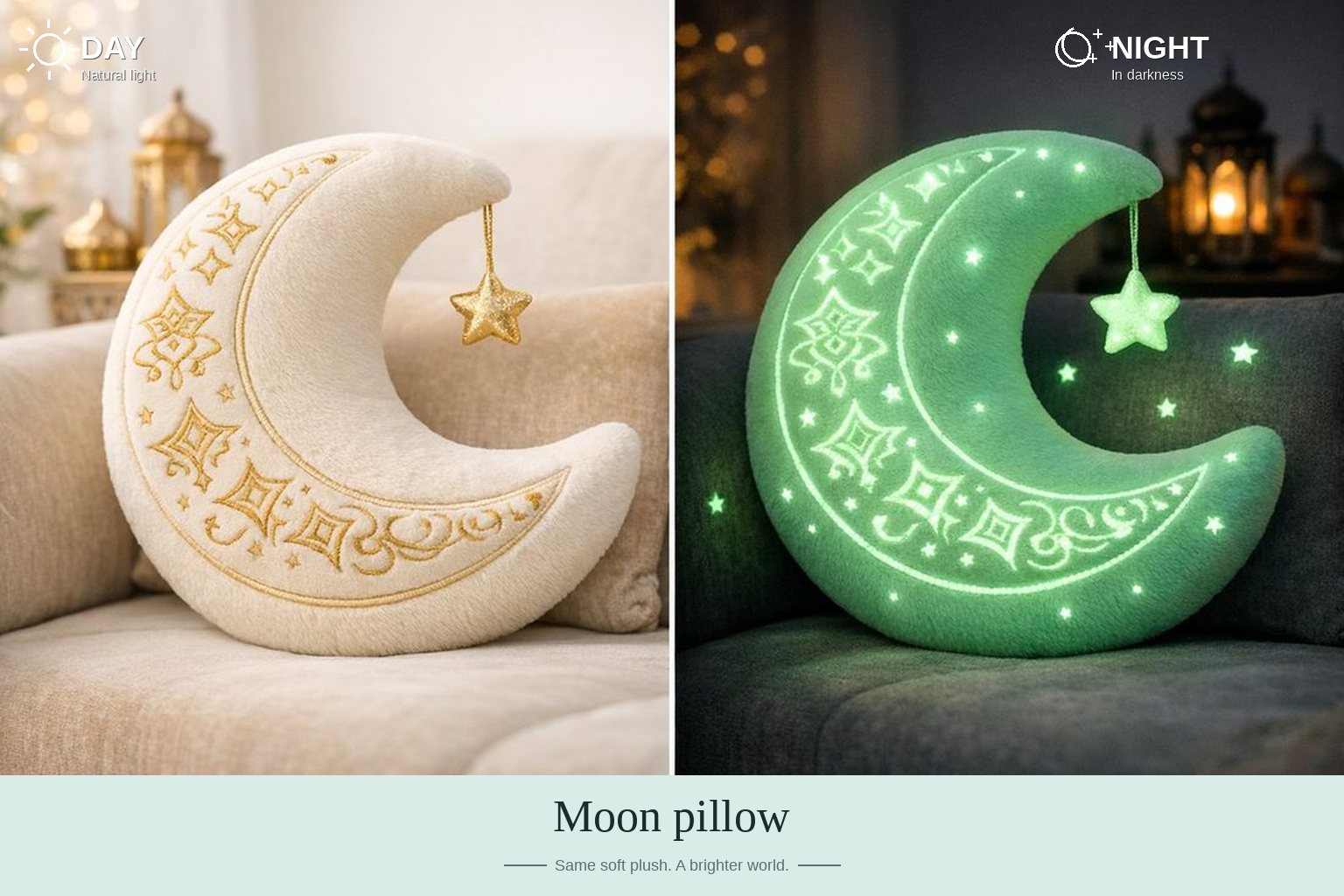 Moon pillow in daylight and in darkness